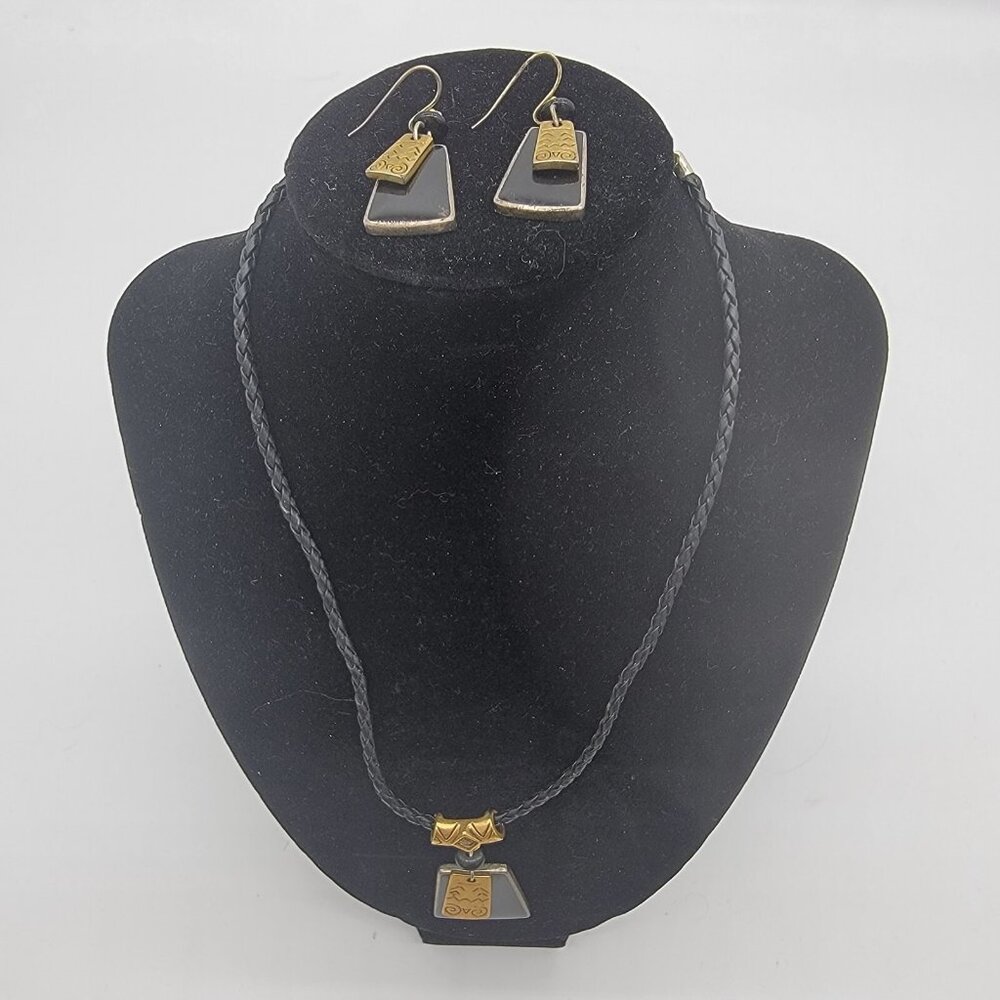 KC Jewelry Set Necklace & Dangling Earrings Gold Toned Black‎ MCM Look